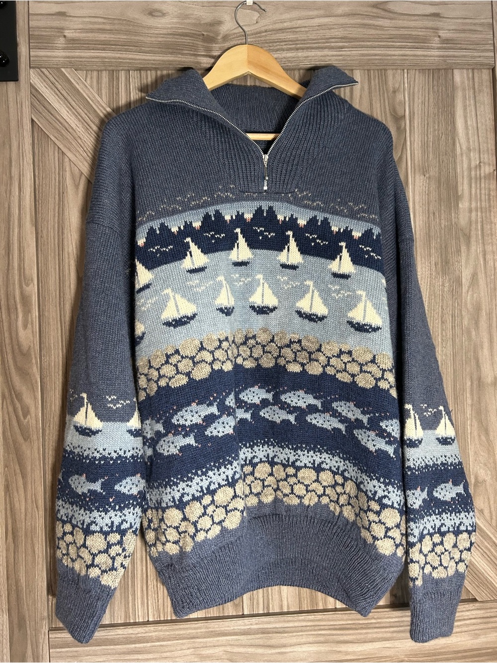 Vintage Nordic Maritime Half-Zip Wool Sweater - Sailboats & Fish Motif XL